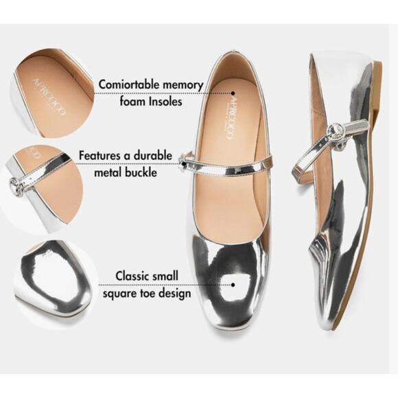 AprCoco Women's Shiny Silver Mary Jane Ballet Flat Square Toe Women Shoe Size 8 - Picture 6 of 7
